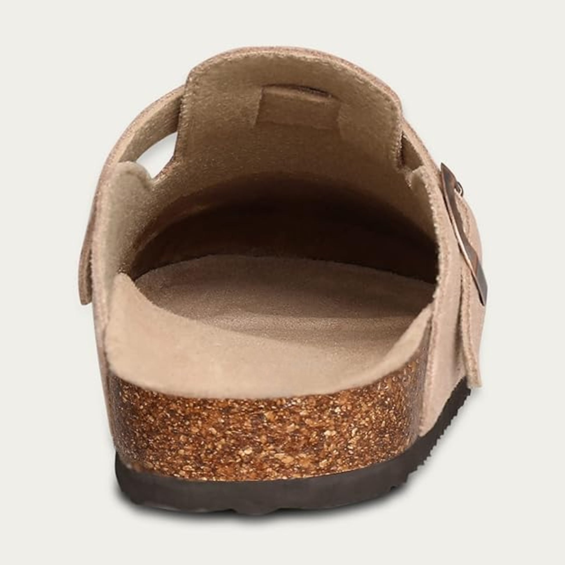 Brown sandal with cork sole on a light gray background