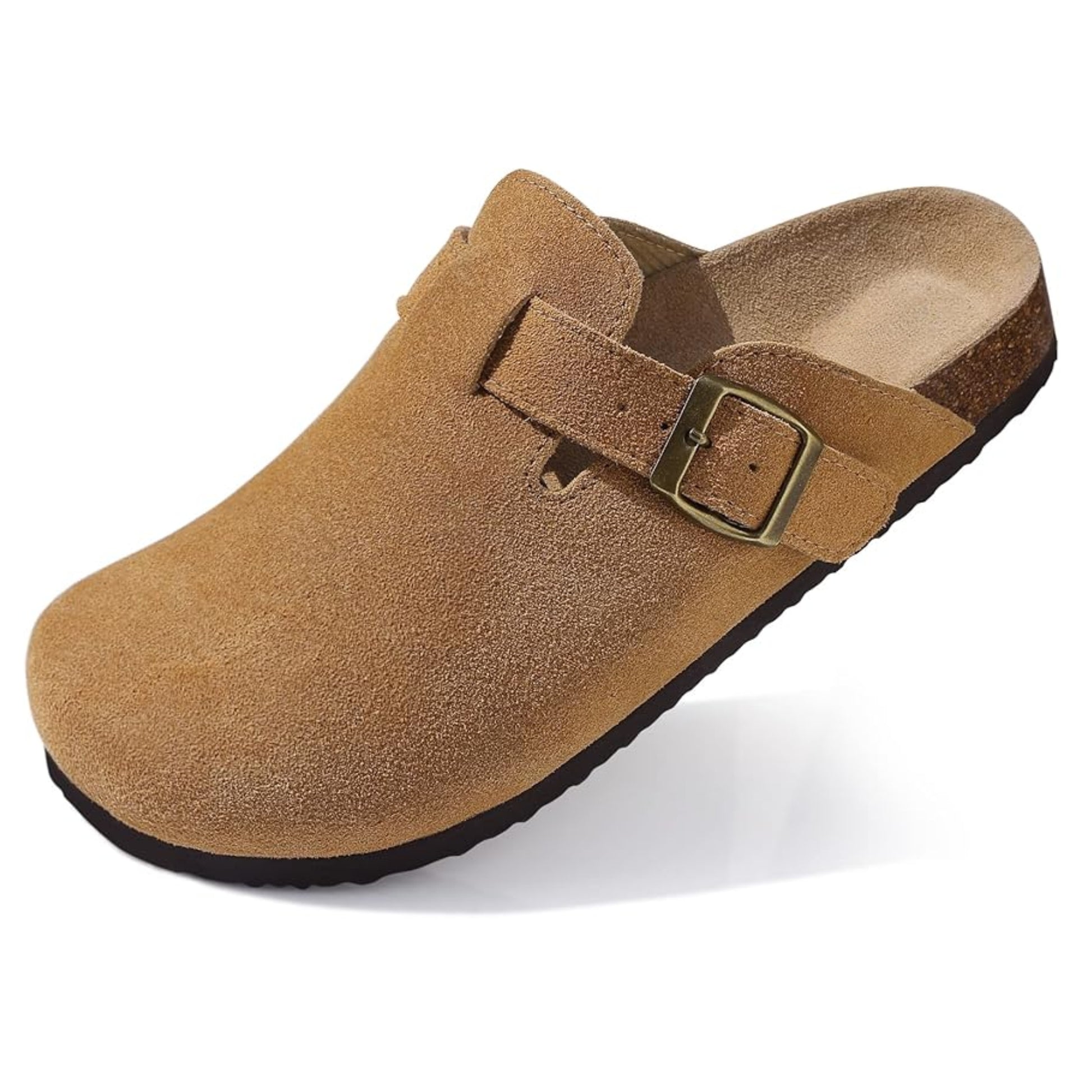 Brown suede clog shoe with a buckle on a white background