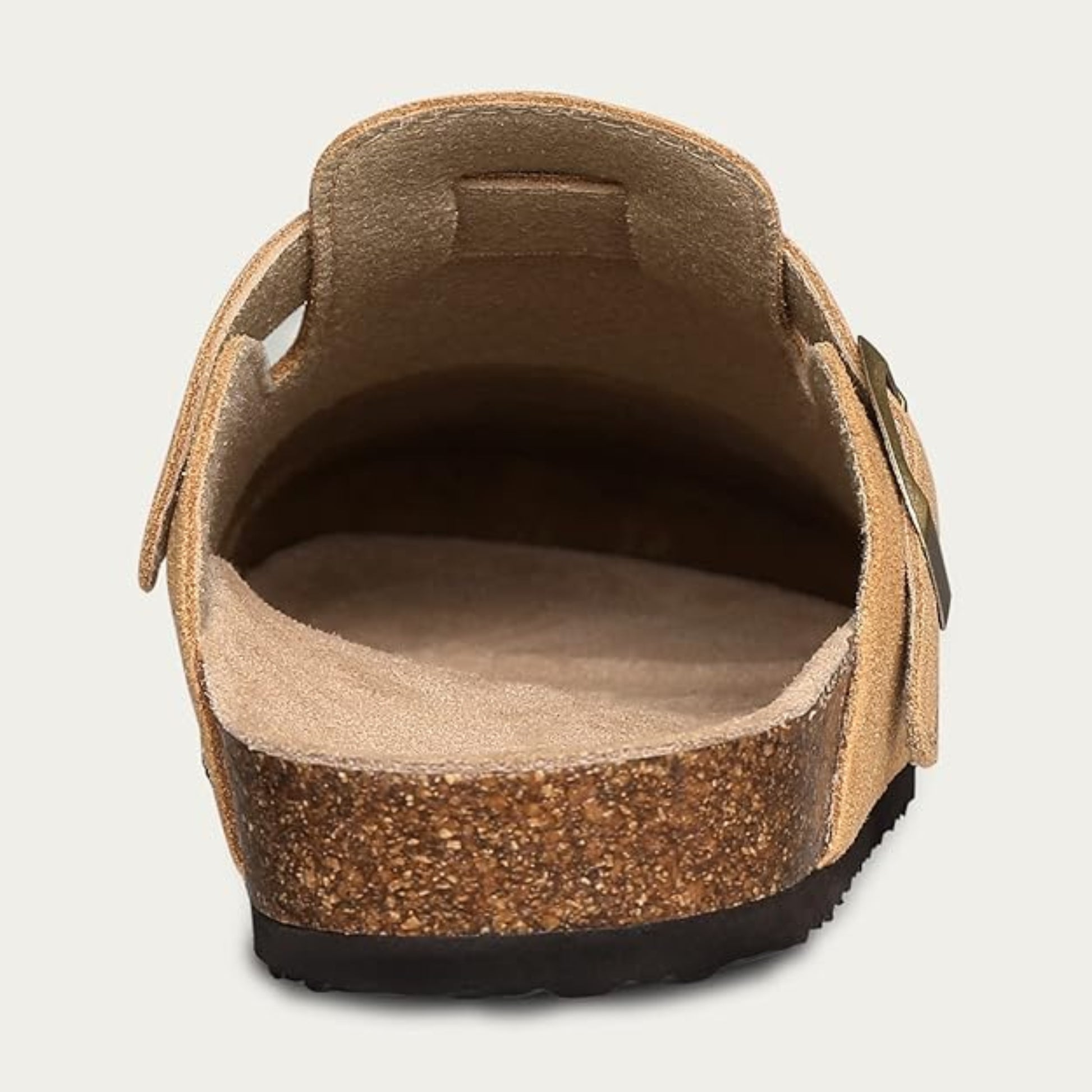Brown sandal with cork sole on a light gray background