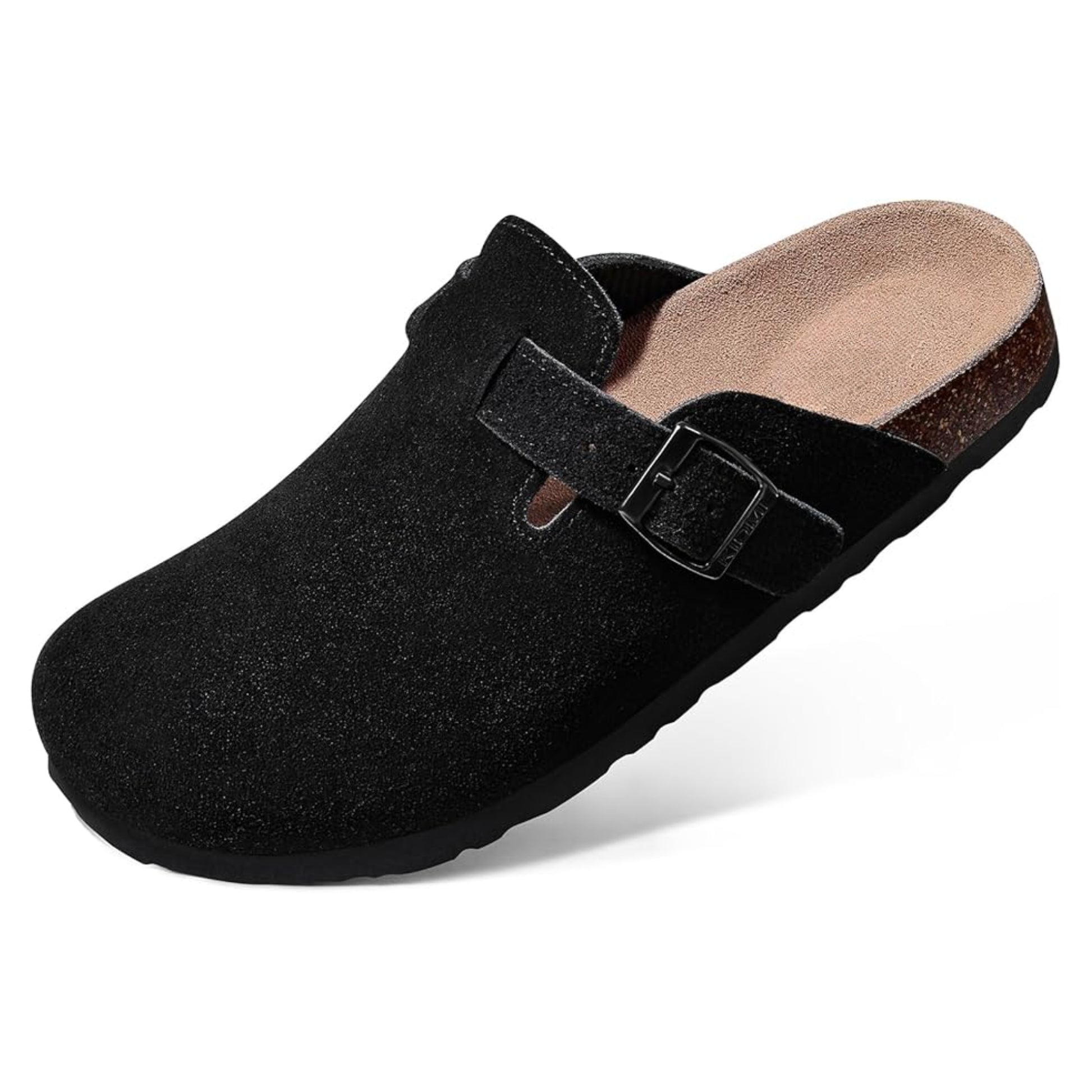 Black clog shoe with a strap on a white background
