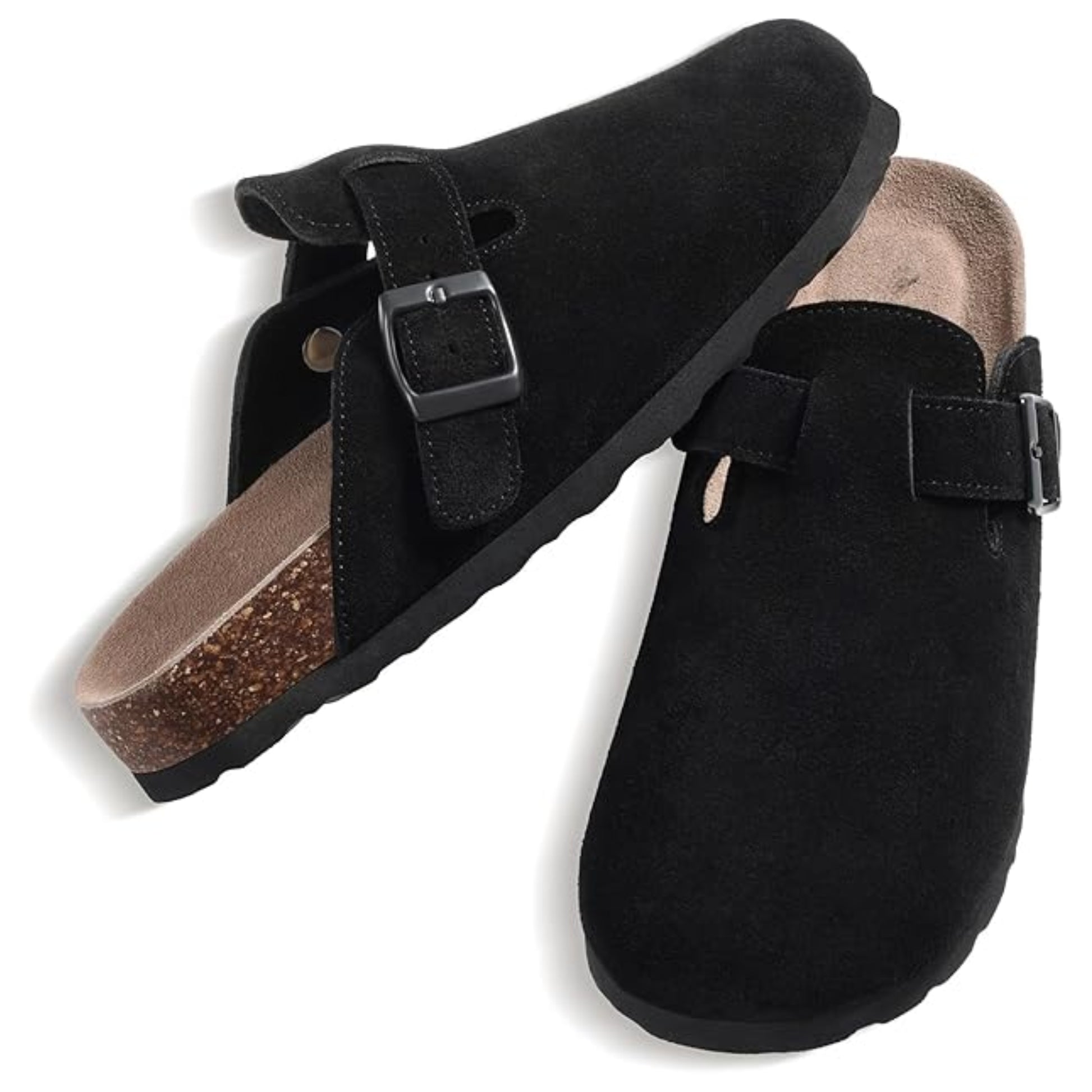 Black suede clogs with a buckle on a white background