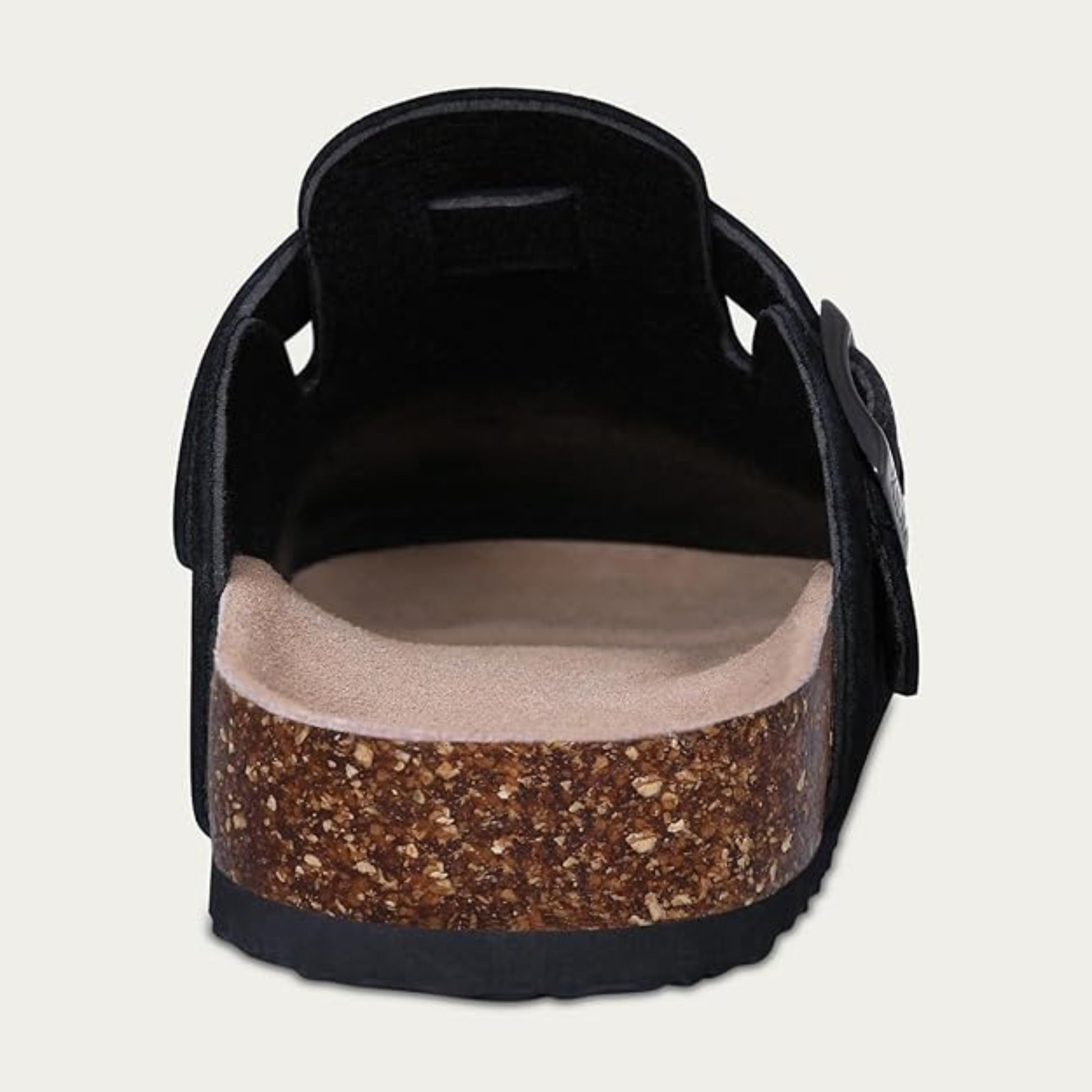 Black sandal with cork sole on a light gray background