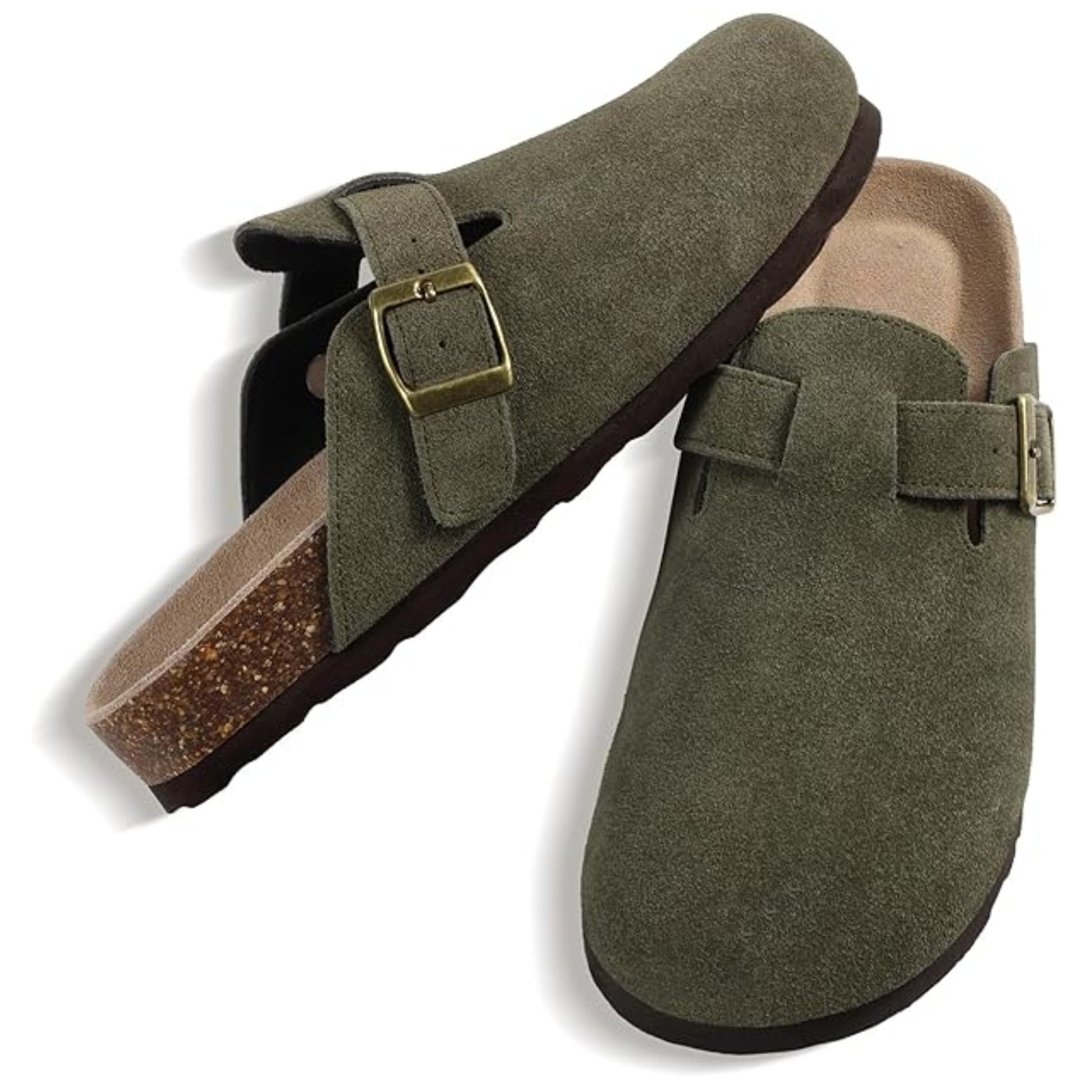 Pair of green suede clogs with a buckle on a white background