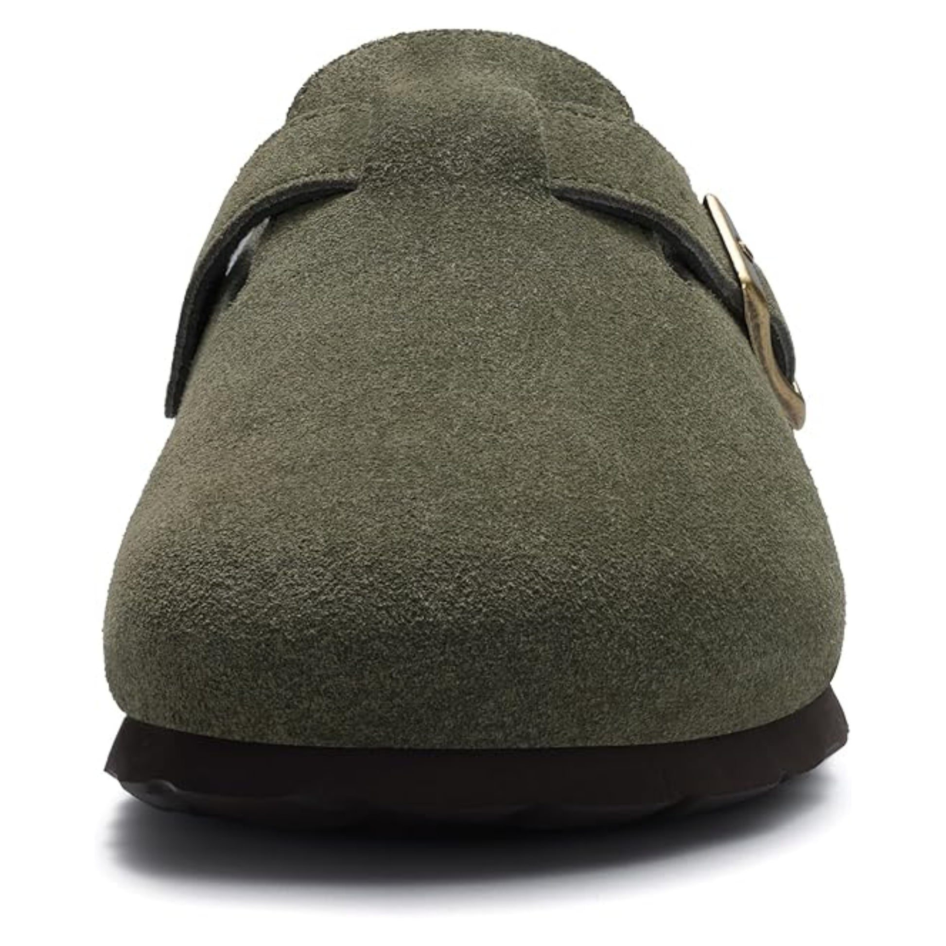 Green suede shoe with a strap on a white background