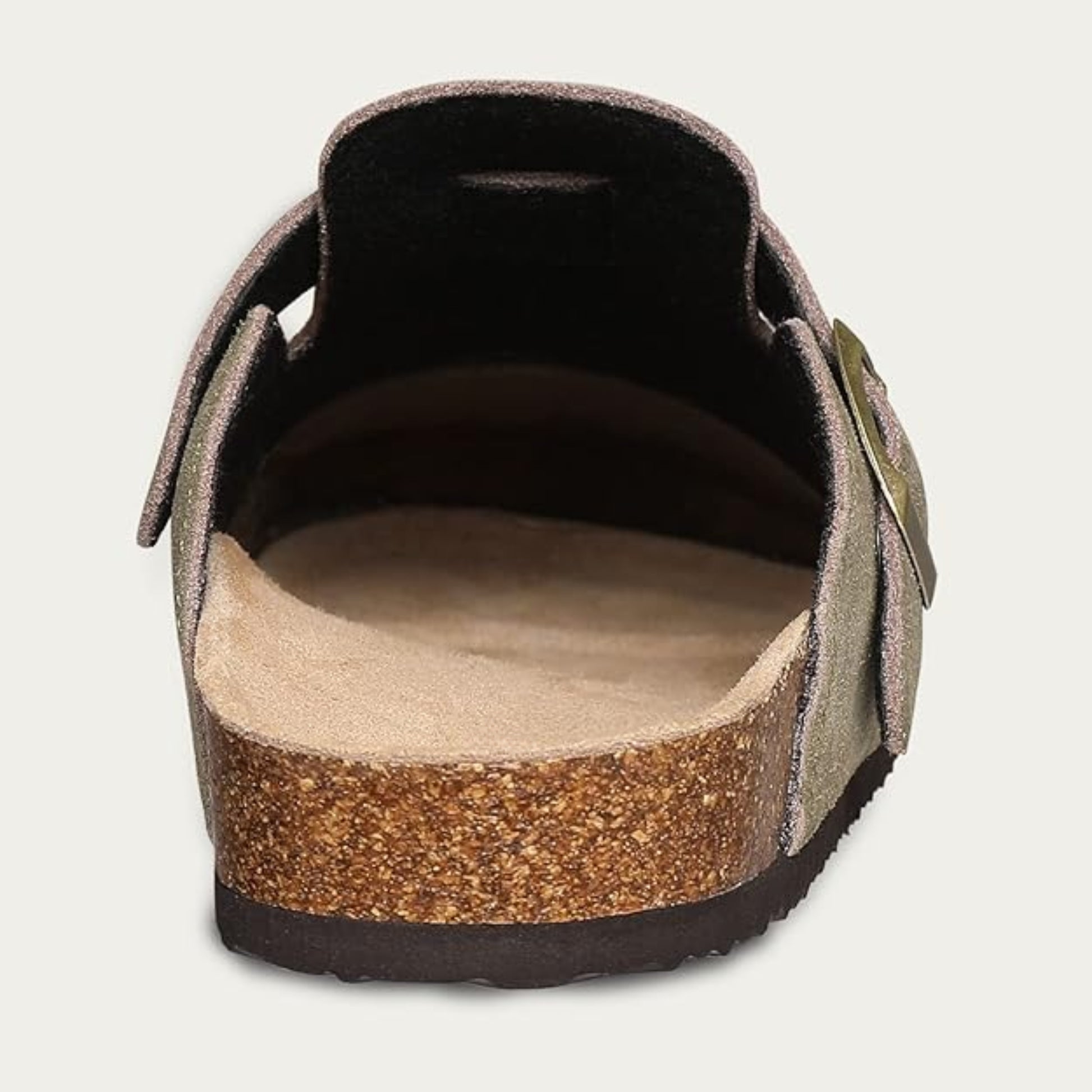Brown sandal with cork sole on a light gray background