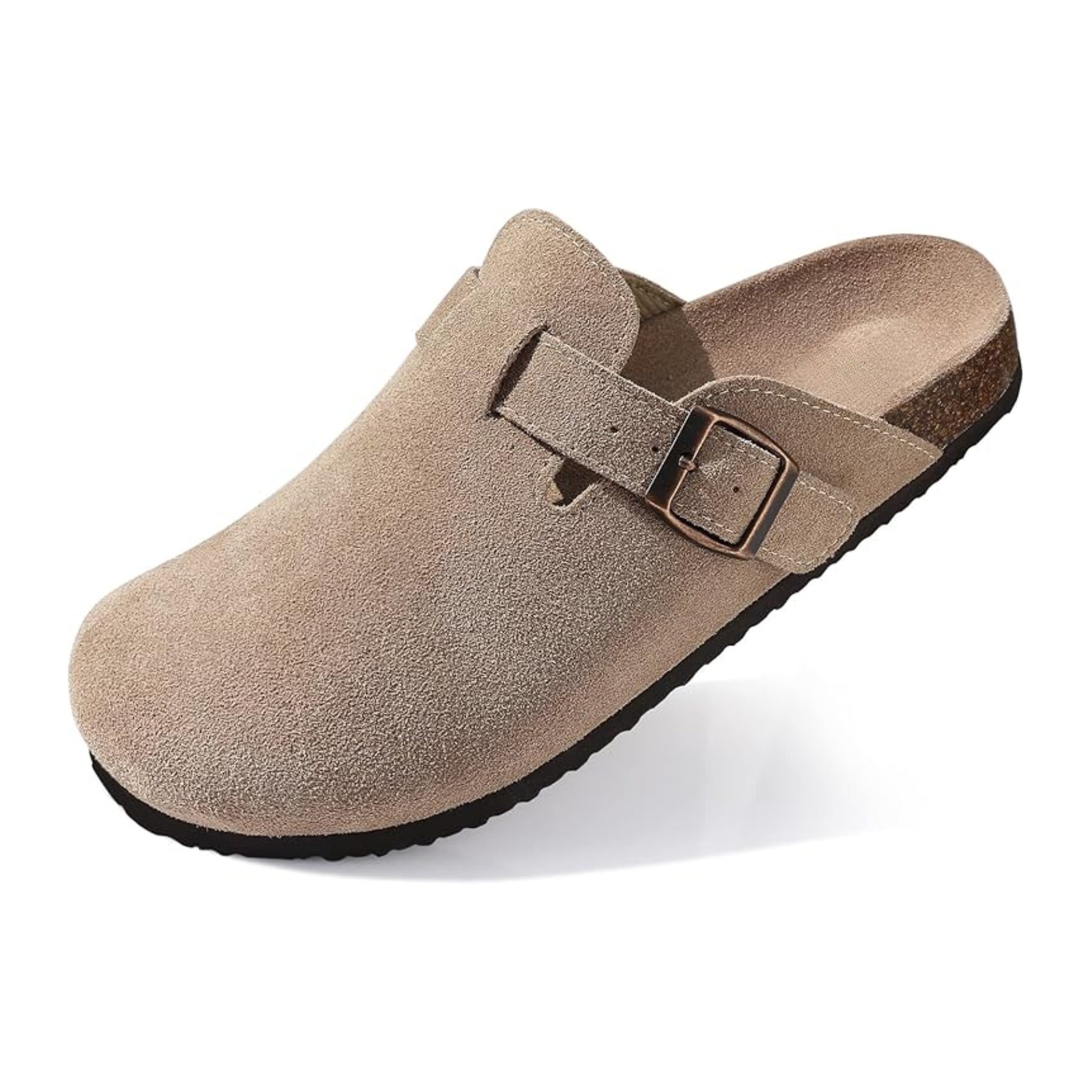Beige suede clog with a strap on a white background