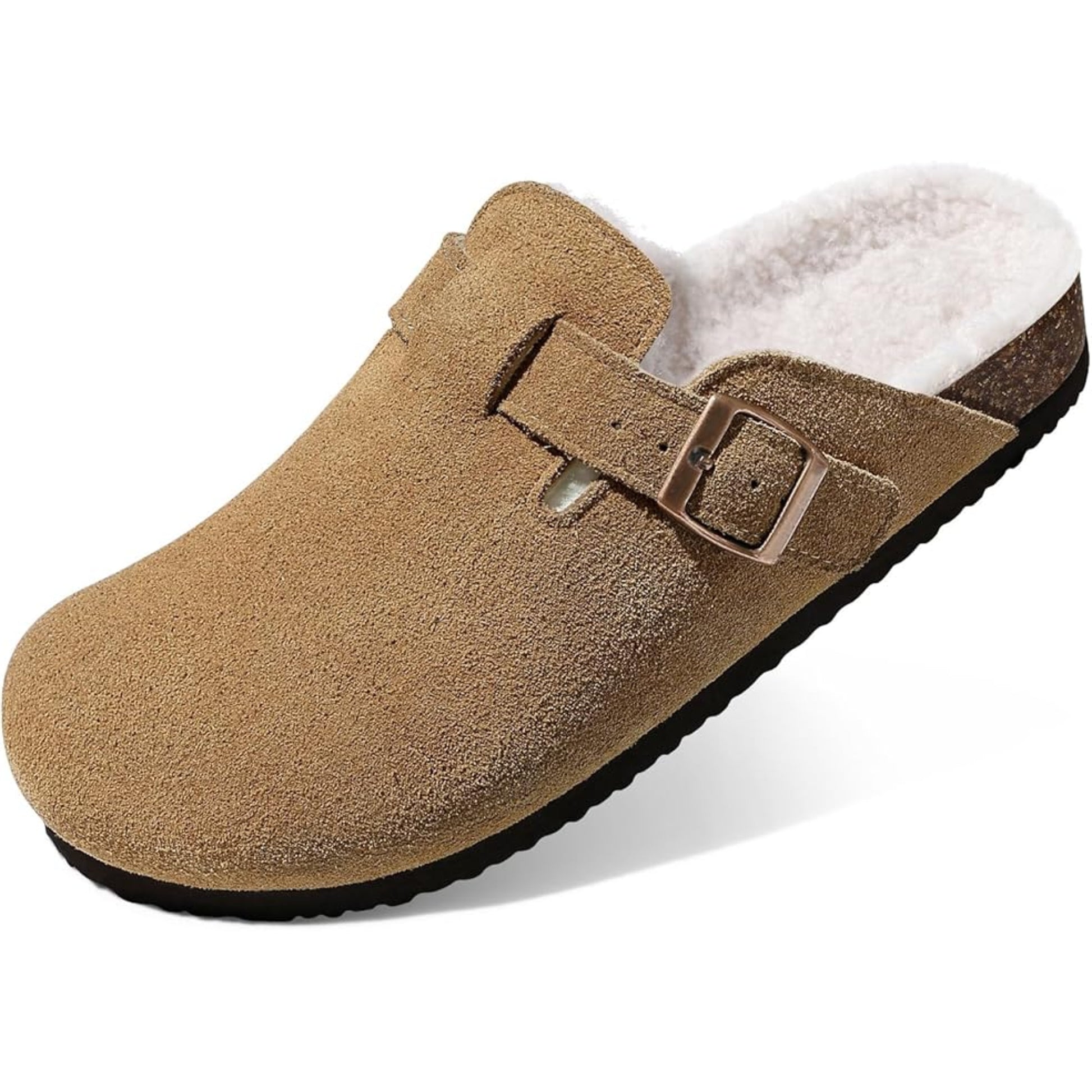 Brown suede clog with white fur lining on a white background