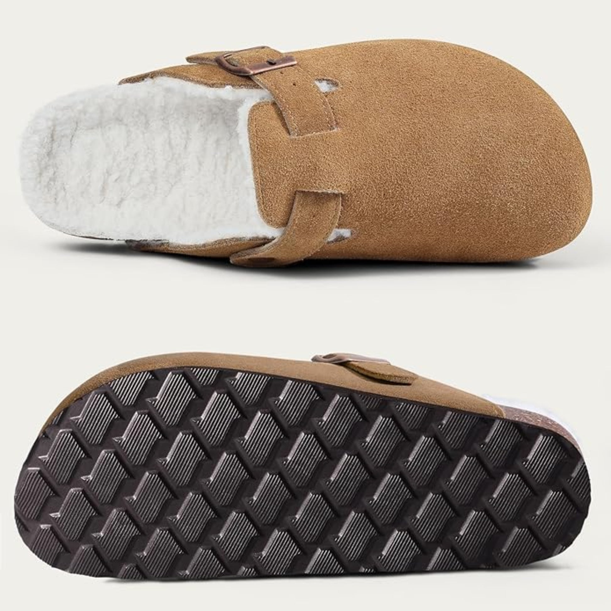 Brown slipper with white fur lining and textured sole on a light gray background