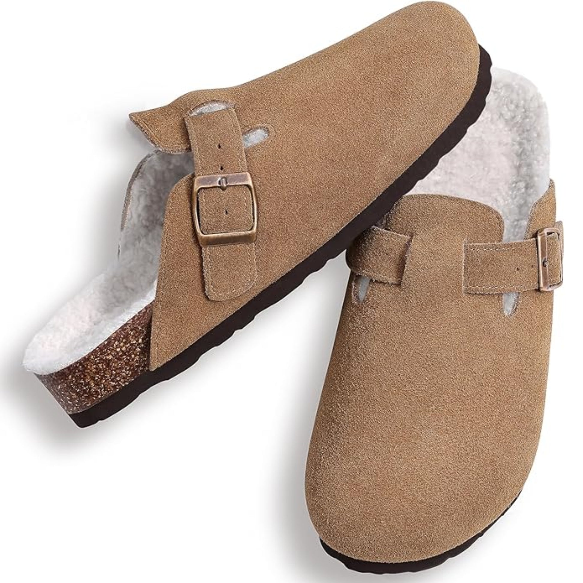Pair of tan slippers with white fur lining on a white background