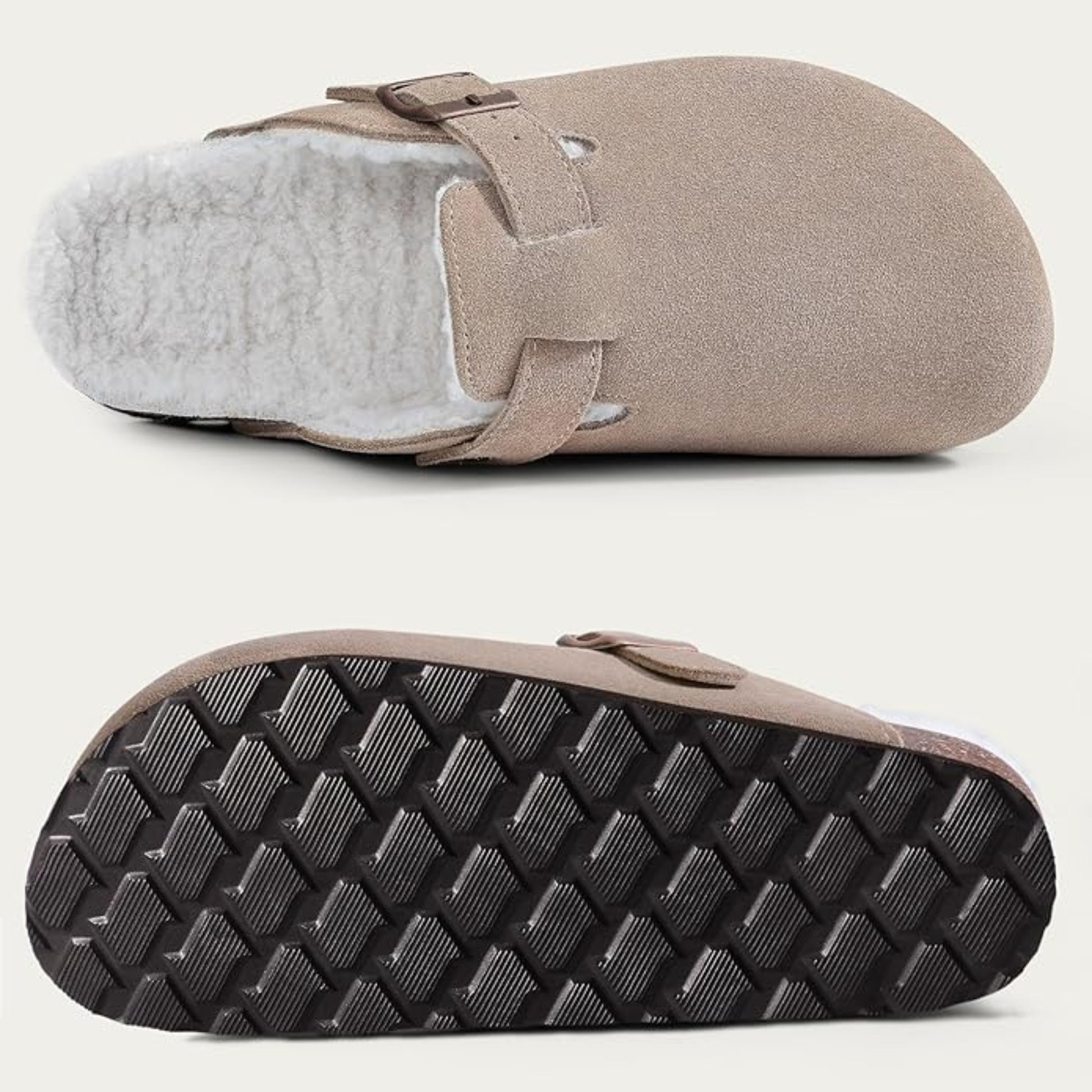 Beige slipper with textured sole on a light gray background