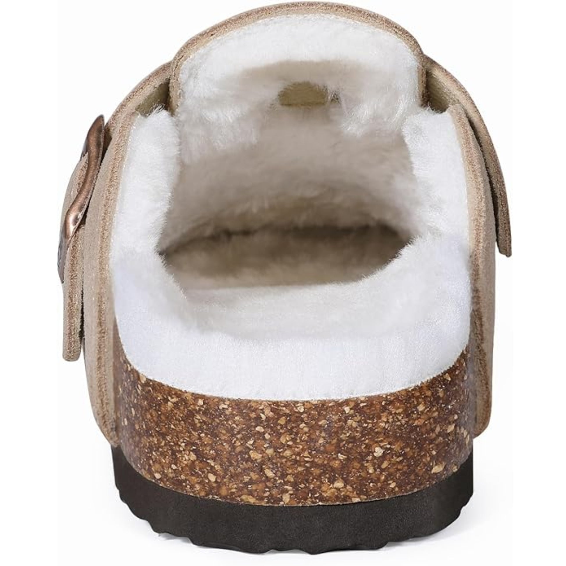 Close-up of a brown clog shoe with white fur lining on a white background