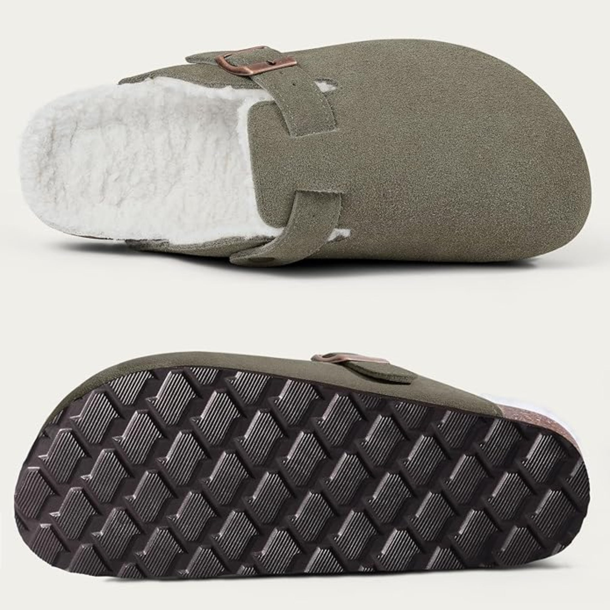 Green slipper with white lining and brown buckle on a light gray background