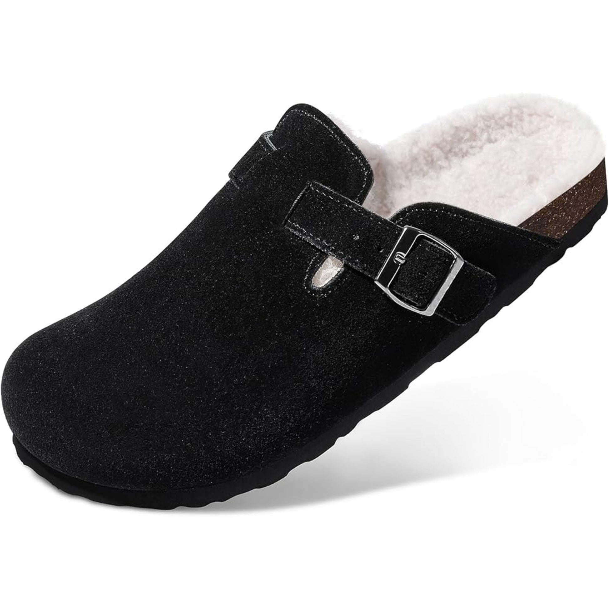 Black clog shoe with a buckle on a white background