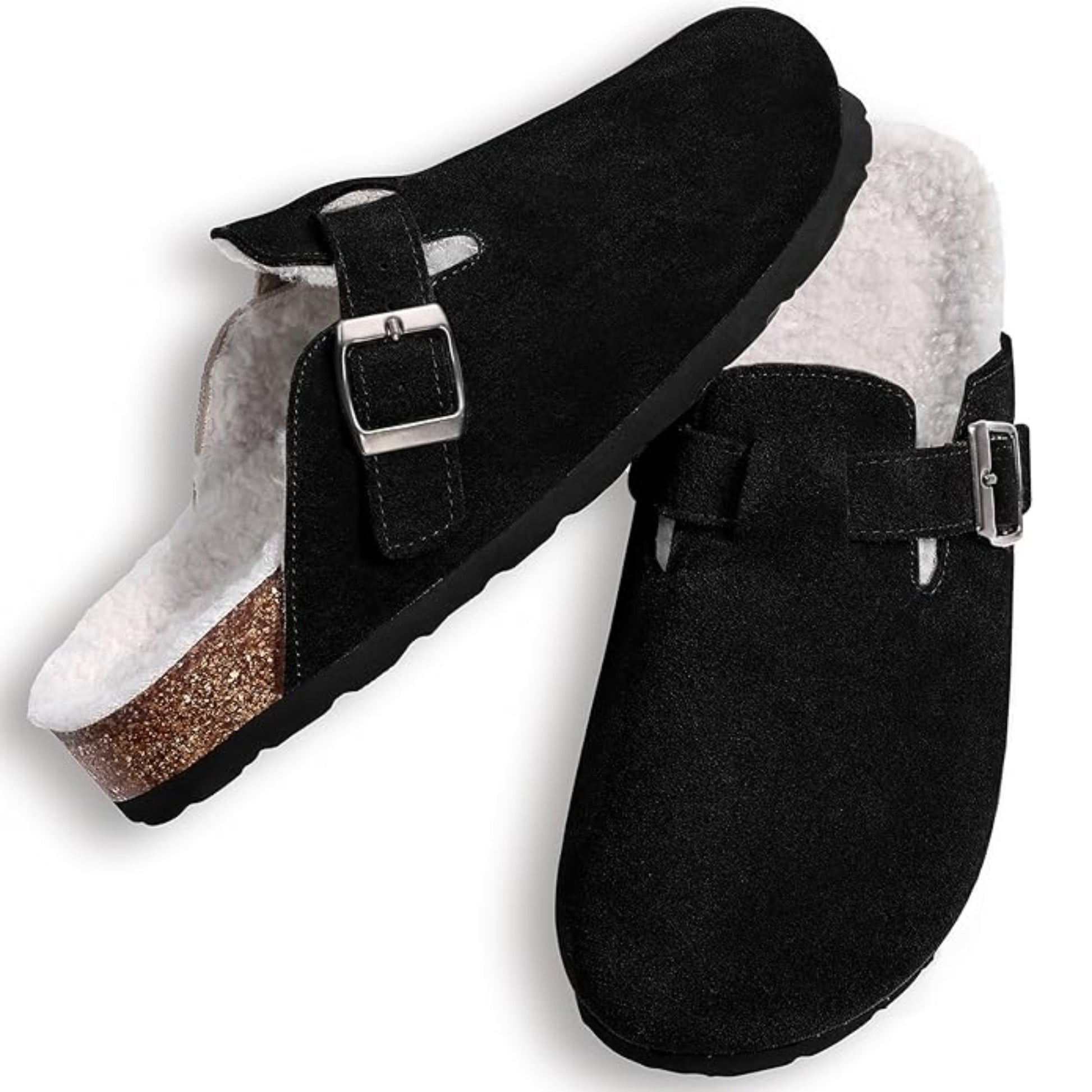 Black slippers with a buckle on a white background