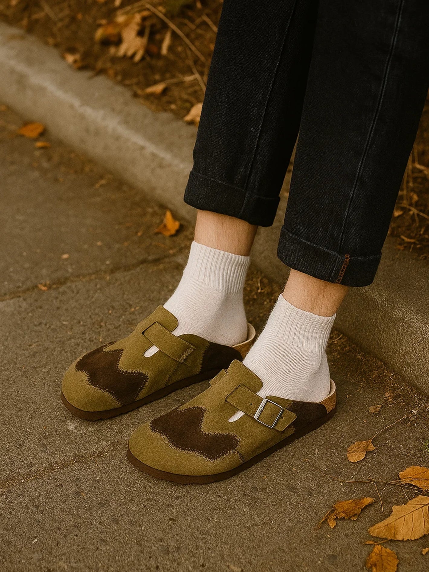 Camouflage shoes worn with white socks on a concrete surface with autumn leaves.